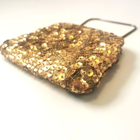 Vintage 1960s Goldco Gold Beaded & Sequined Evening Clutch Purse Bag Hong Kong - Picture 2 of 8